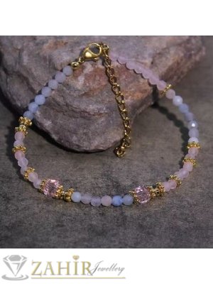 Мега яка гривна за ръка или глезен от естествен лунен камък и аквамарин 3 мм топче и стоманени елементи, закопчалка и удължител - GA3106